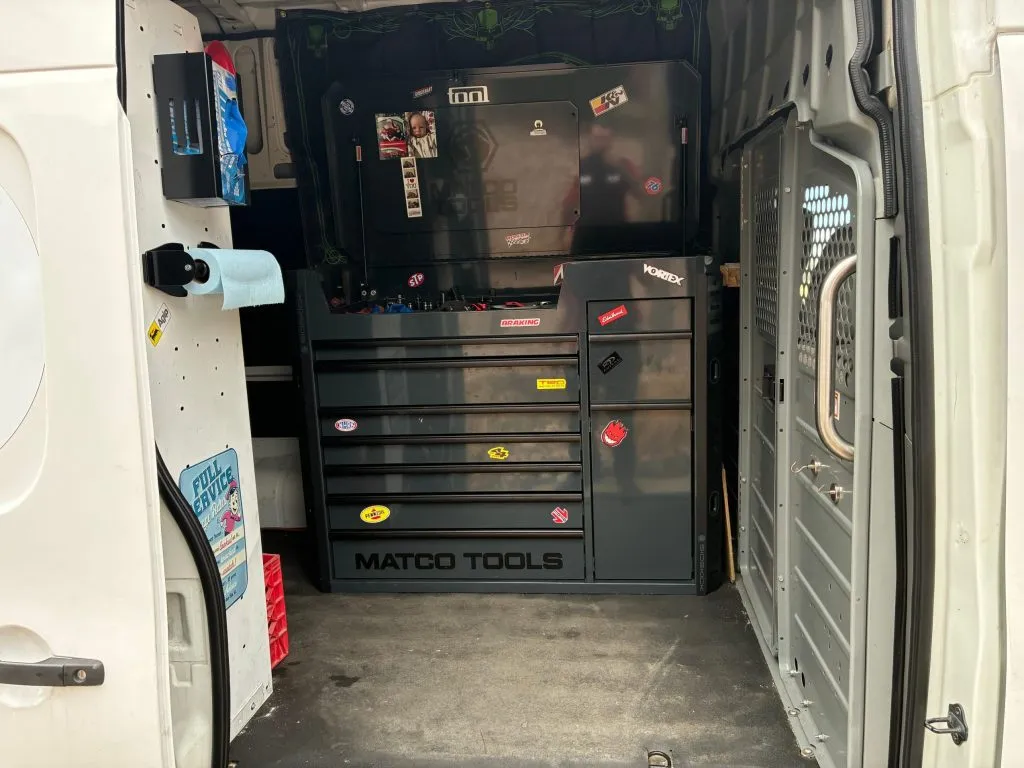 Inside the service van, a full-size Matco tool chest stocked for on-site repairs